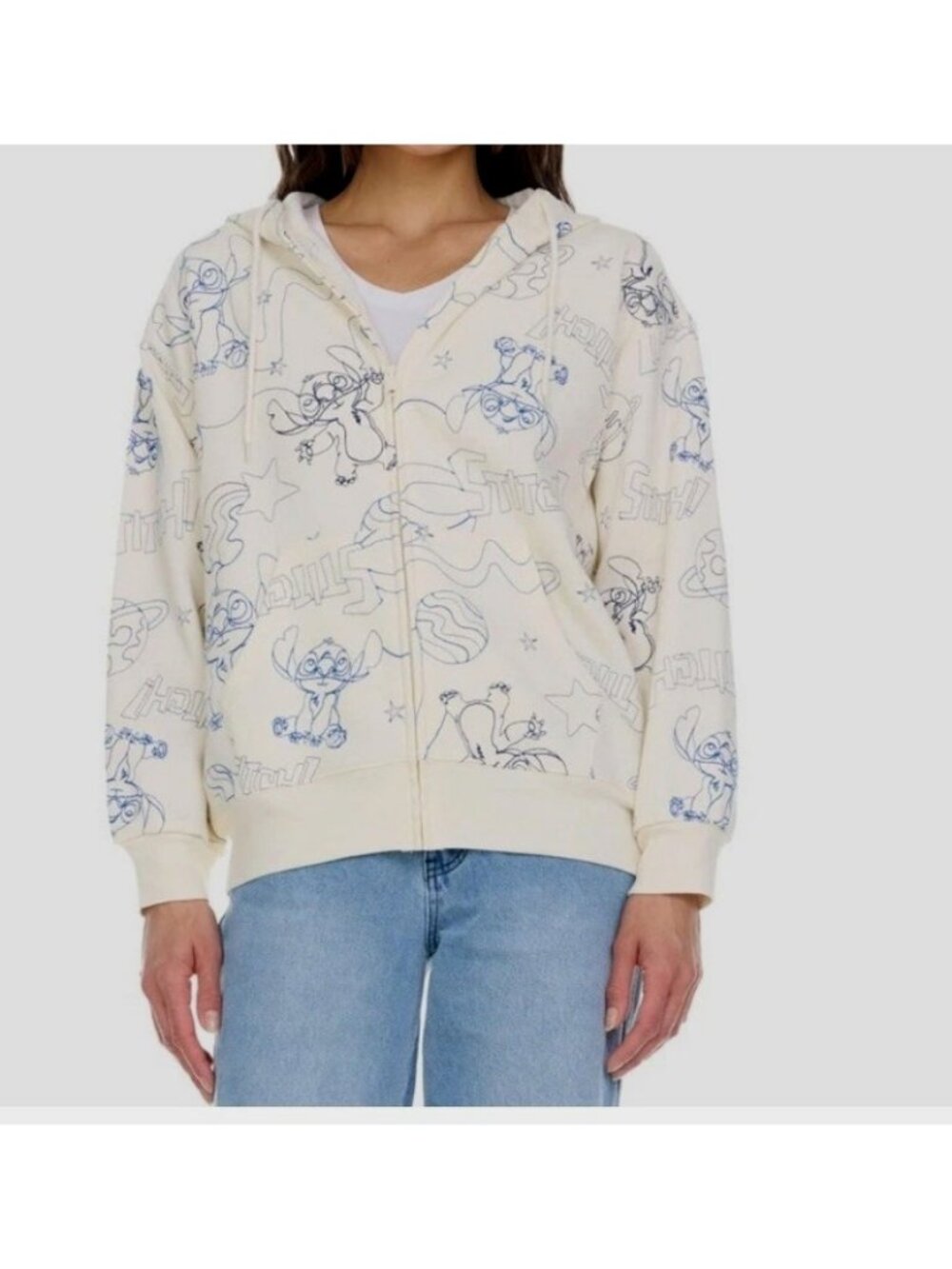 New  Disney Stitch Embroidered Jacket Hoodie Cream Full Zip NWT Womens Sz M Blue
